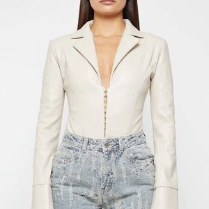 NWT Maniere De Voir vegan leather blazer bodysuit in beige. Sz US 8
